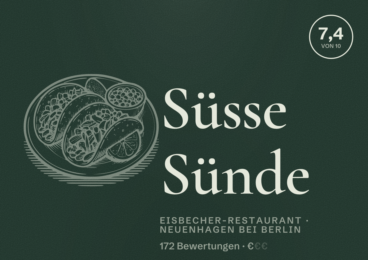 Illustriertes Poster von Süsse Sünde, Eisbecher-Restaurant in Neuenhagen bei Berlin: Bewertung 7,4 von 10 aus 172 Bewertungen, Preisniveau €