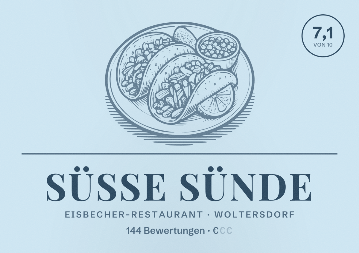 Illustriertes Poster von Süsse Sünde, Eisbecher-Restaurant in Woltersdorf: Bewertung 7,1 von 10 aus 144 Bewertungen, Preisniveau €