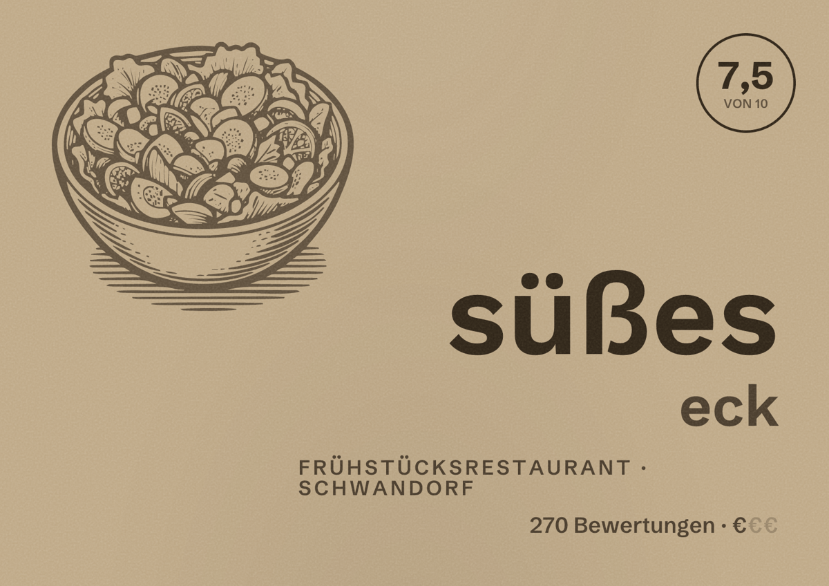 Illustriertes Poster von süßes eck, Frühstücksrestaurant in Schwandorf: Bewertung 7,5 von 10 aus 270 Bewertungen, Preisniveau €