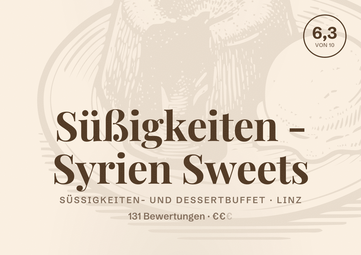 Illustriertes Poster von Süßigkeiten - Syrien Sweets, Süßigkeiten- und Dessertbuffet in Linz: Bewertung 6,3 von 10 aus 131 Bewertungen, Preisniveau €€