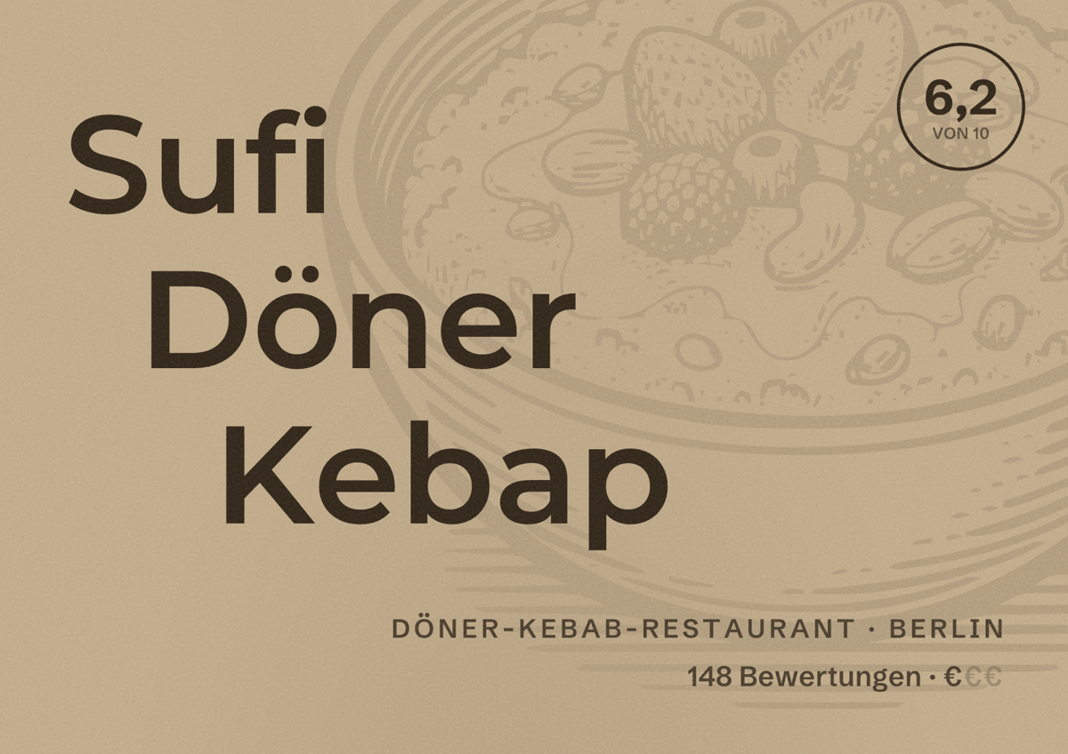 Illustriertes Poster von Sufi Döner Kebap, Döner-Kebab-Restaurant in Berlin: Bewertung 6,2 von 10 aus 148 Bewertungen, Preisniveau €
