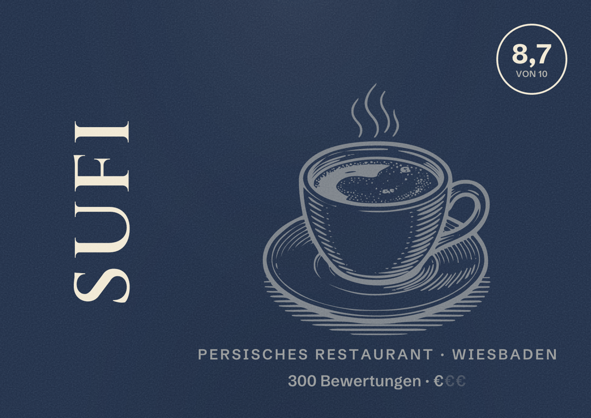 Illustriertes Poster von Sufi, Persisches Restaurant in Wiesbaden: Bewertung 8,7 von 10 aus 300 Bewertungen, Preisniveau €
