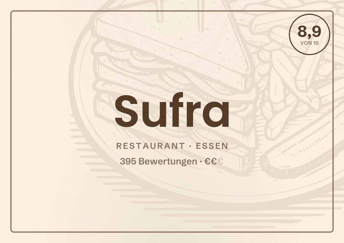 Illustriertes Poster von Sufra, Restaurant in Essen: Bewertung 8,9 von 10 aus 395 Bewertungen, Preisniveau €€