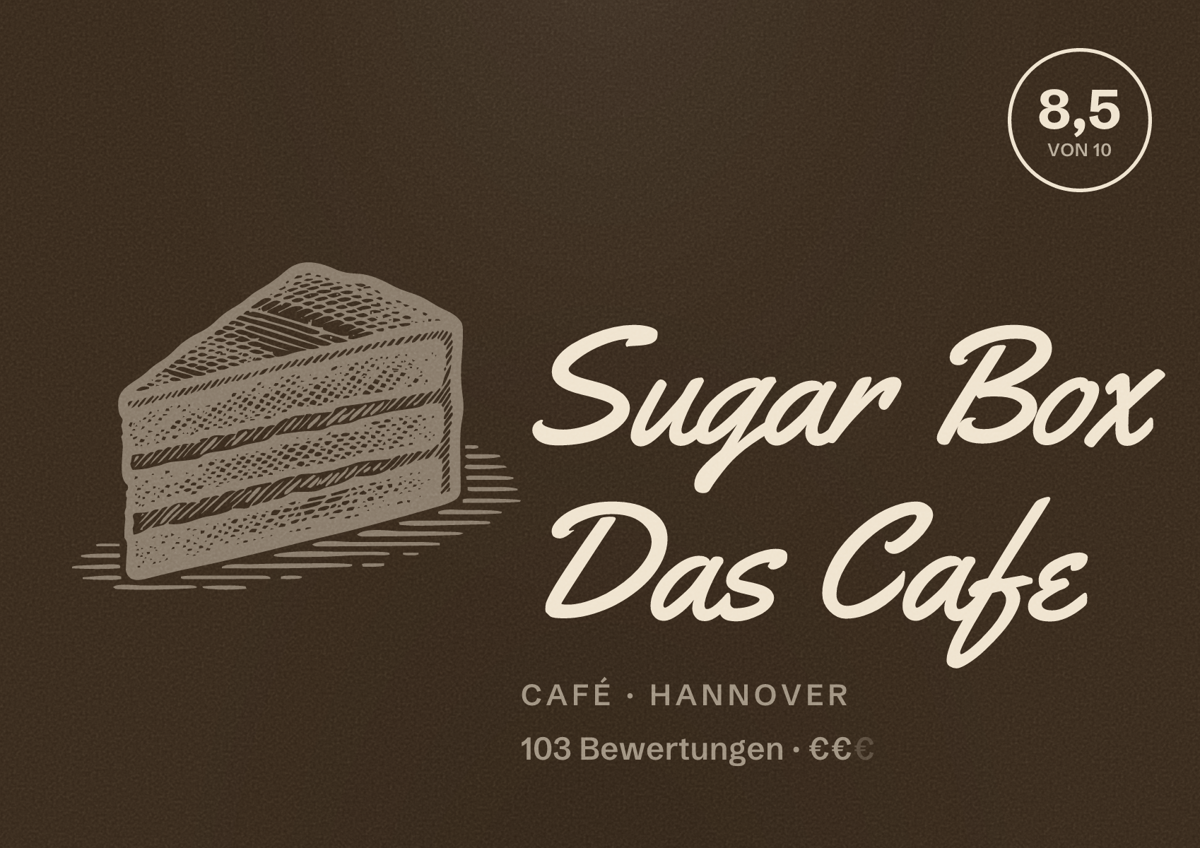 Illustriertes Poster von Sugar Box Das Cafe, Café in Hannover: Bewertung 8,5 von 10 aus 103 Bewertungen, Preisniveau €€