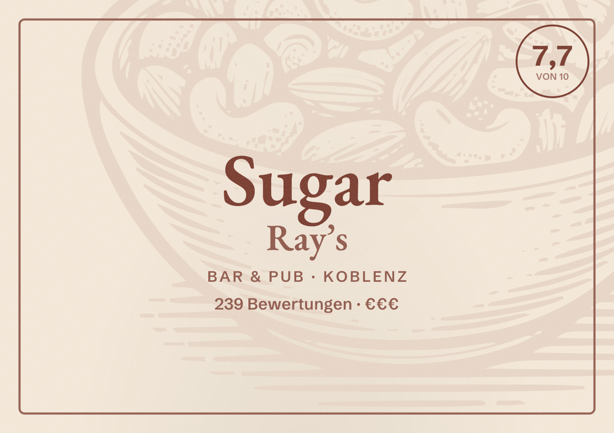 Illustriertes Poster von Sugar Ray’s, Bar & Pub in Koblenz: Bewertung 7,7 von 10 aus 239 Bewertungen, Preisniveau €€€