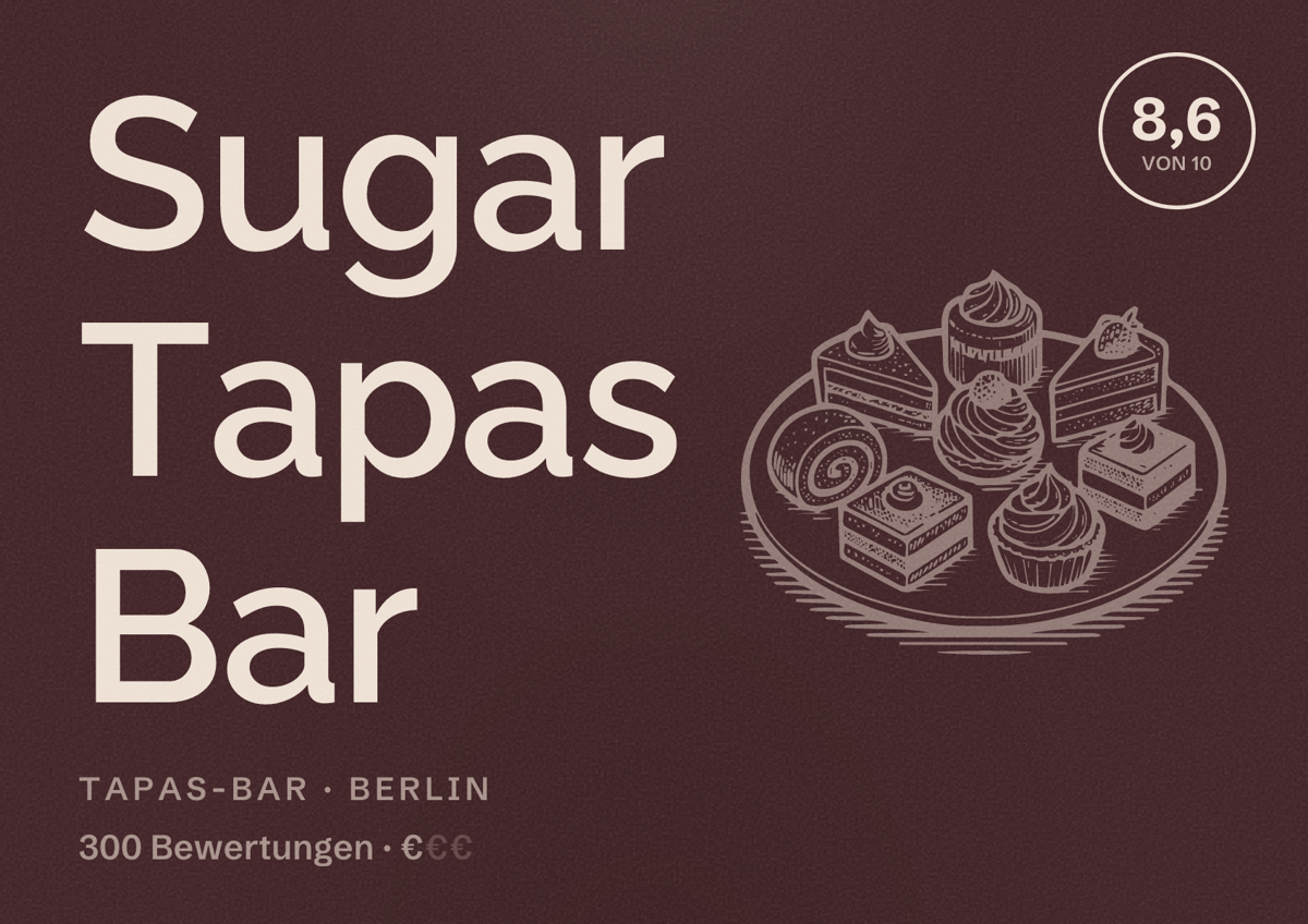 Illustriertes Poster von Sugar Tapas Bar, Tapas-Bar in Berlin: Bewertung 8,6 von 10 aus 300 Bewertungen, Preisniveau €