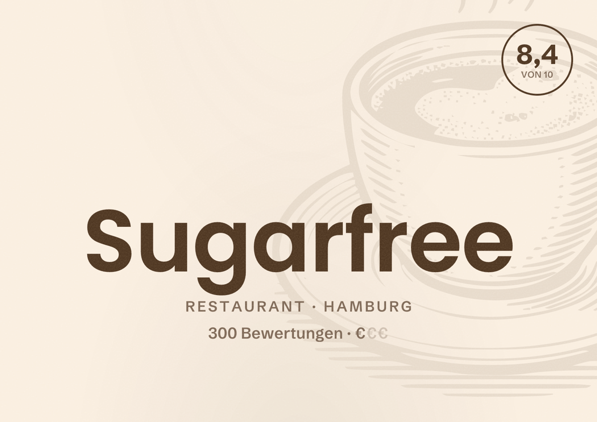 Illustriertes Poster von Sugarfree, Restaurant in Hamburg: Bewertung 8,4 von 10 aus 300 Bewertungen, Preisniveau €
