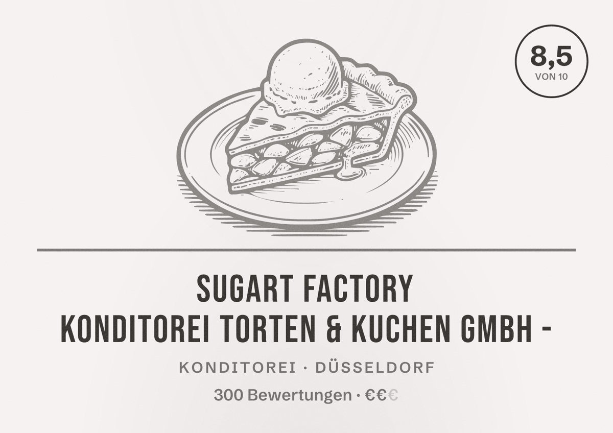 Illustriertes Poster von SugArt Factory Konditorei Torten & Kuchen GmbH -, Konditorei in Düsseldorf: Bewertung 8,5 von 10 aus 300 Bewertungen, Preisniveau €€