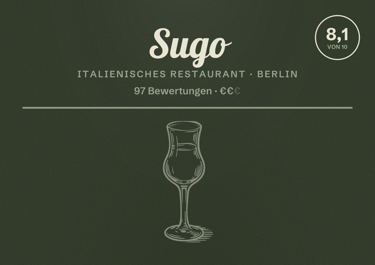 Illustriertes Poster von Sugo, Italienisches Restaurant in Berlin: Bewertung 8,1 von 10 aus 97 Bewertungen, Preisniveau €€
