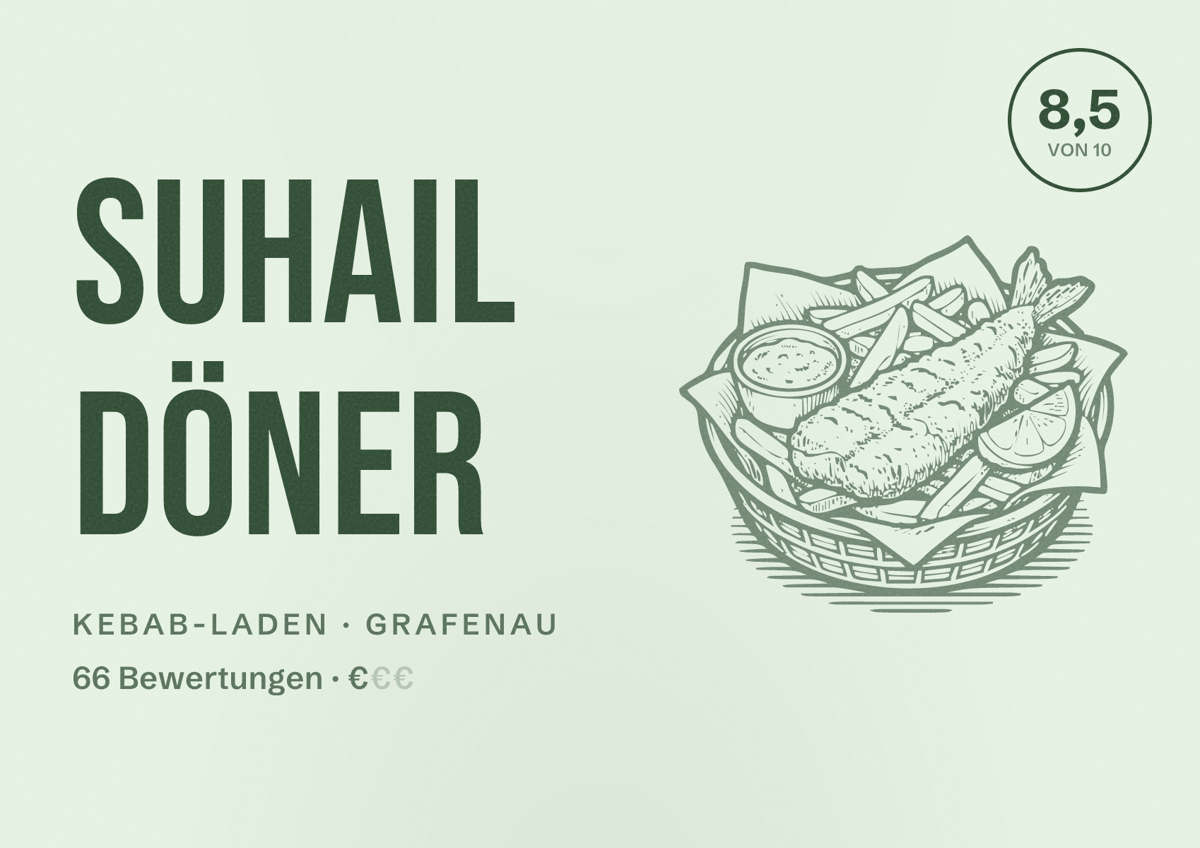 Illustriertes Poster von Suhail Döner, Kebab-Laden in Grafenau: Bewertung 8,5 von 10 aus 66 Bewertungen, Preisniveau €
