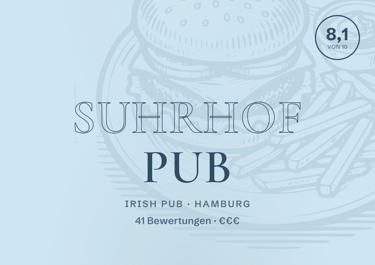 Illustriertes Poster von Suhrhof Pub, Irish Pub in Hamburg: Bewertung 8,1 von 10 aus 41 Bewertungen, Preisniveau €€€