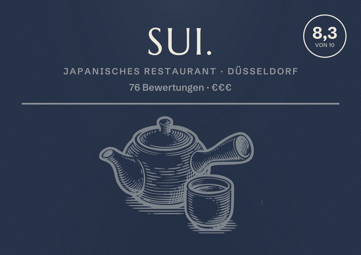 Illustriertes Poster von sui., Japanisches Restaurant in Düsseldorf: Bewertung 8,3 von 10 aus 76 Bewertungen, Preisniveau €€€