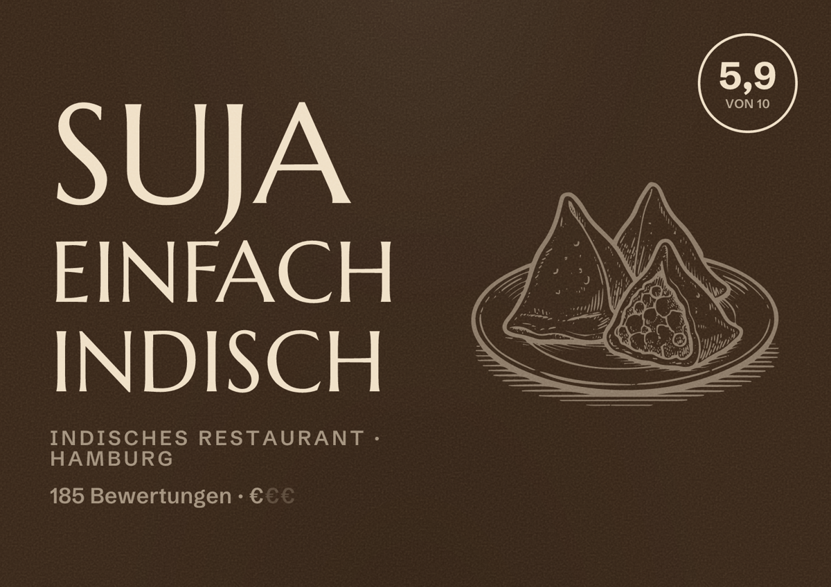Illustriertes Poster von Suja Einfach Indisch, Indisches Restaurant in Hamburg: Bewertung 5,9 von 10 aus 185 Bewertungen, Preisniveau €