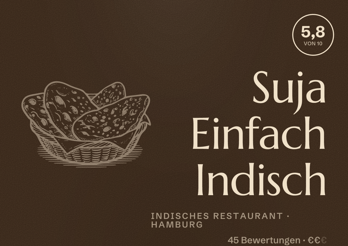 Illustriertes Poster von Suja Einfach Indisch, Indisches Restaurant in Hamburg: Bewertung 5,8 von 10 aus 45 Bewertungen, Preisniveau €€