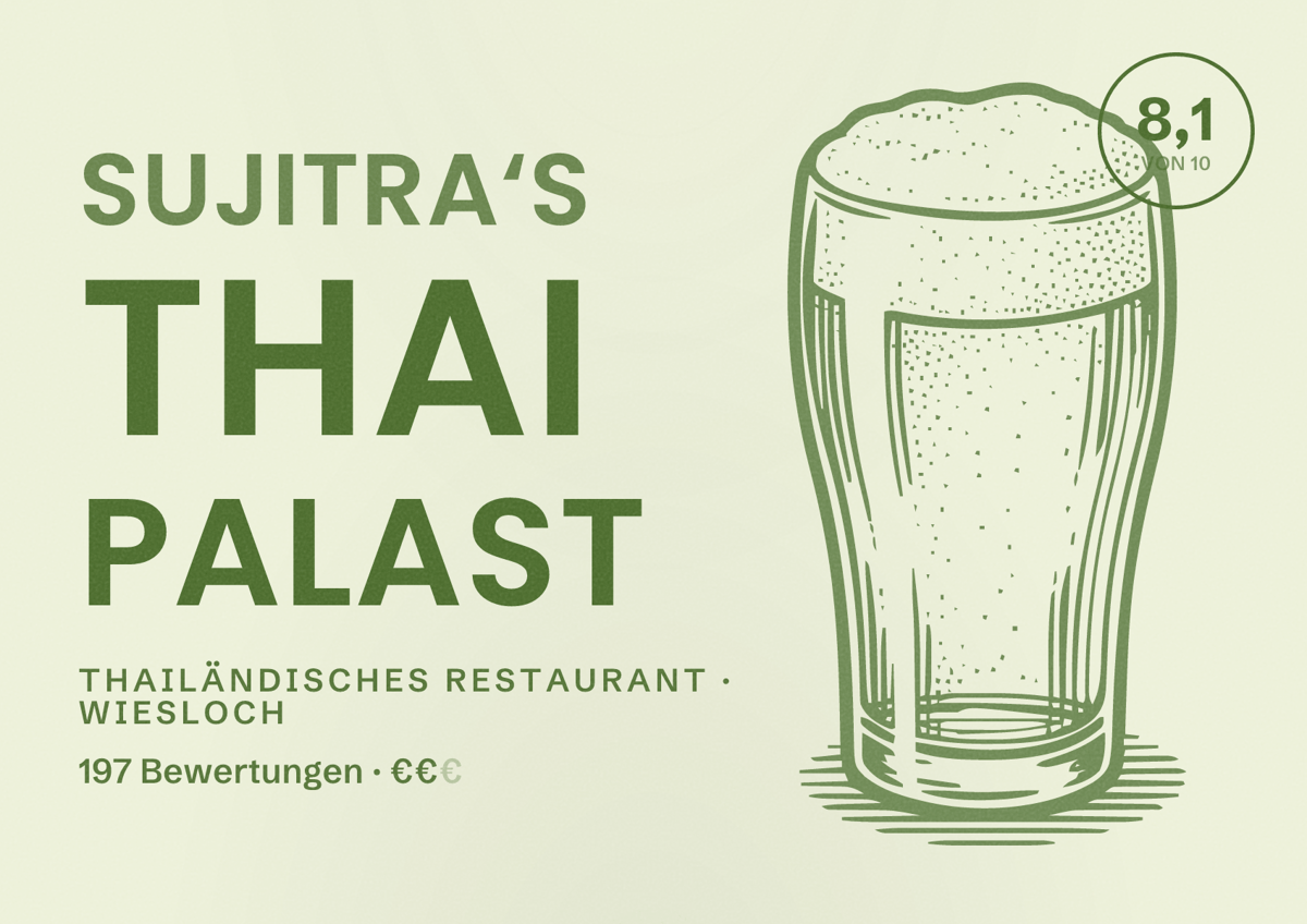 Illustriertes Poster von Sujitra‘s Thai Palast, Thailändisches Restaurant in Wiesloch: Bewertung 8,1 von 10 aus 197 Bewertungen, Preisniveau €€