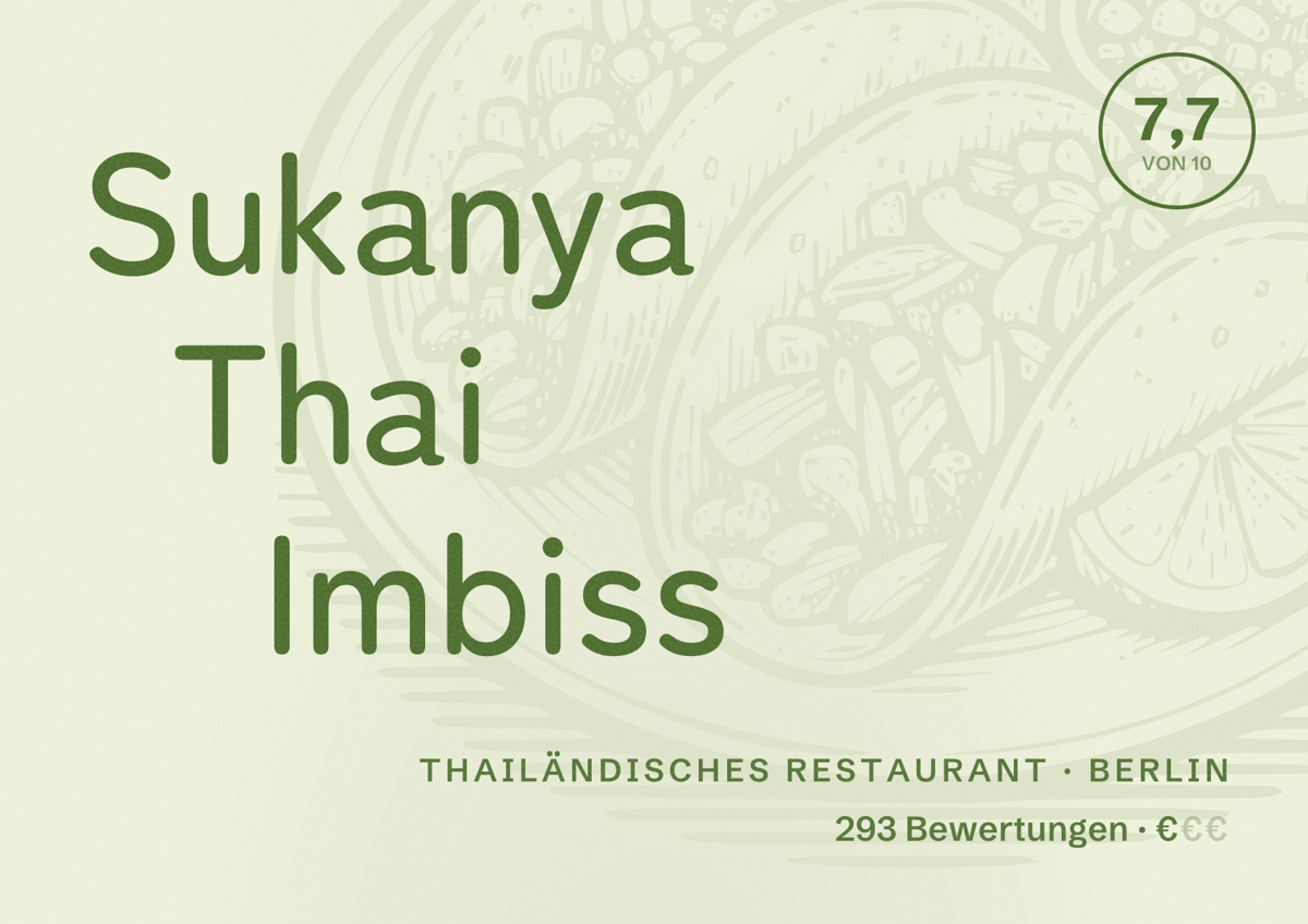 Illustriertes Poster von Sukanya Thai Imbiss, Thailändisches Restaurant in Berlin: Bewertung 7,7 von 10 aus 293 Bewertungen, Preisniveau €