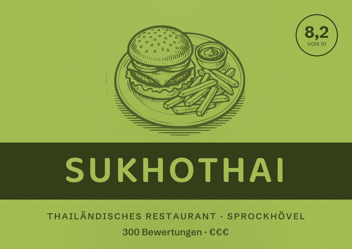 Illustriertes Poster von Sukhothai, Thailändisches Restaurant in Sprockhövel: Bewertung 8,2 von 10 aus 300 Bewertungen, Preisniveau €€€