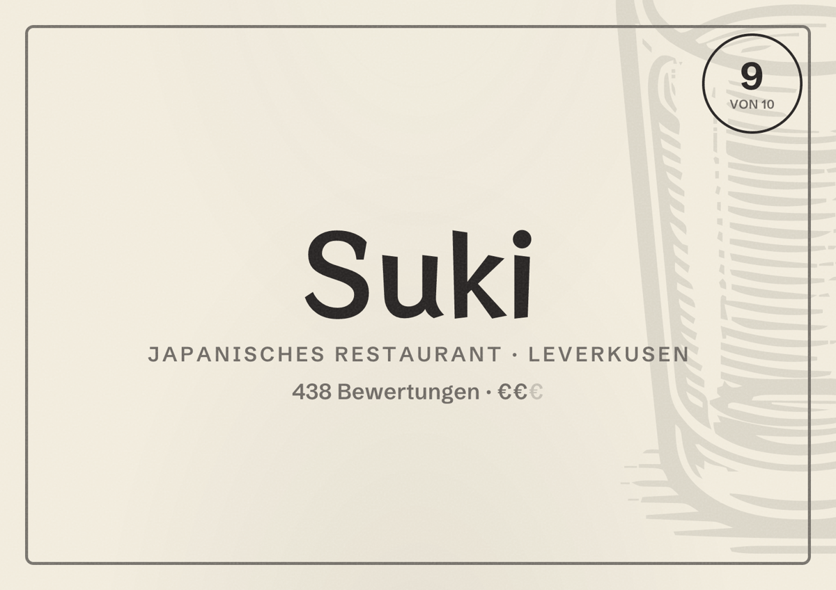 Illustriertes Poster von Suki, Japanisches Restaurant in Leverkusen: Bewertung 9,0 von 10 aus 438 Bewertungen, Preisniveau €€