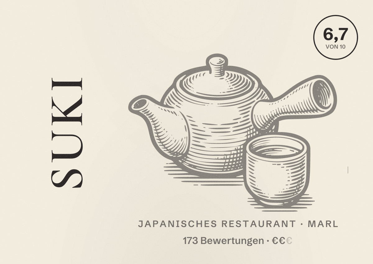 Illustriertes Poster von Suki, Japanisches Restaurant in Marl: Bewertung 6,7 von 10 aus 173 Bewertungen, Preisniveau €€