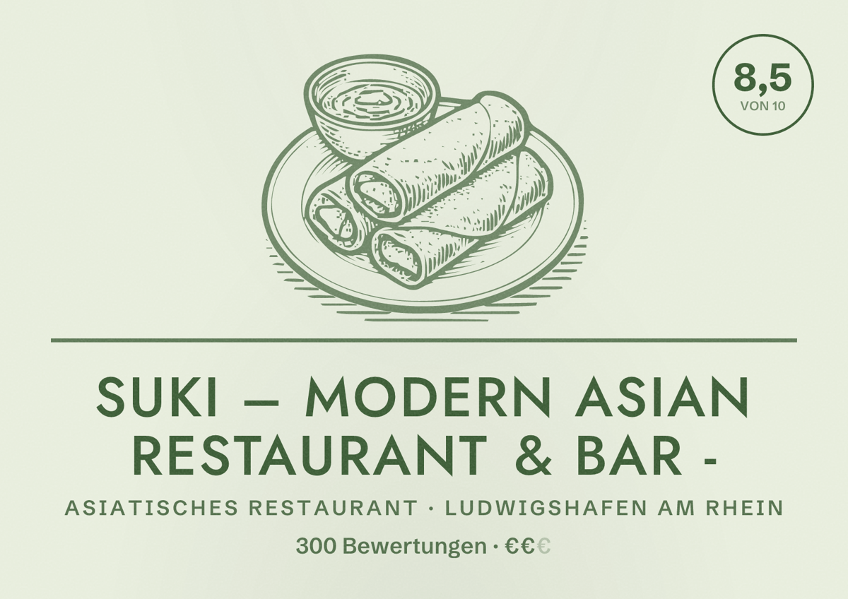 Illustriertes Poster von SUKI – Modern Asian Restaurant & Bar -, Asiatisches Restaurant in Ludwigshafen am Rhein: Bewertung 8,5 von 10 aus 300 Bewertungen, Preisniveau €€