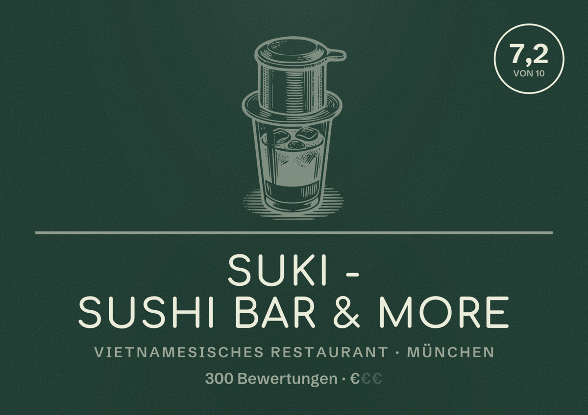 Illustriertes Poster von SuKi - Sushi Bar & More, Vietnamesisches Restaurant in München: Bewertung 7,2 von 10 aus 300 Bewertungen, Preisniveau €