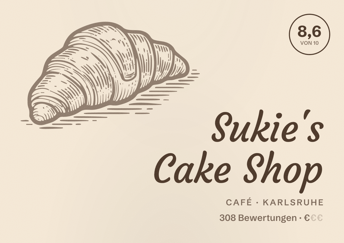 Illustriertes Poster von Sukie's Cake Shop, Café in Karlsruhe: Bewertung 8,6 von 10 aus 308 Bewertungen, Preisniveau €