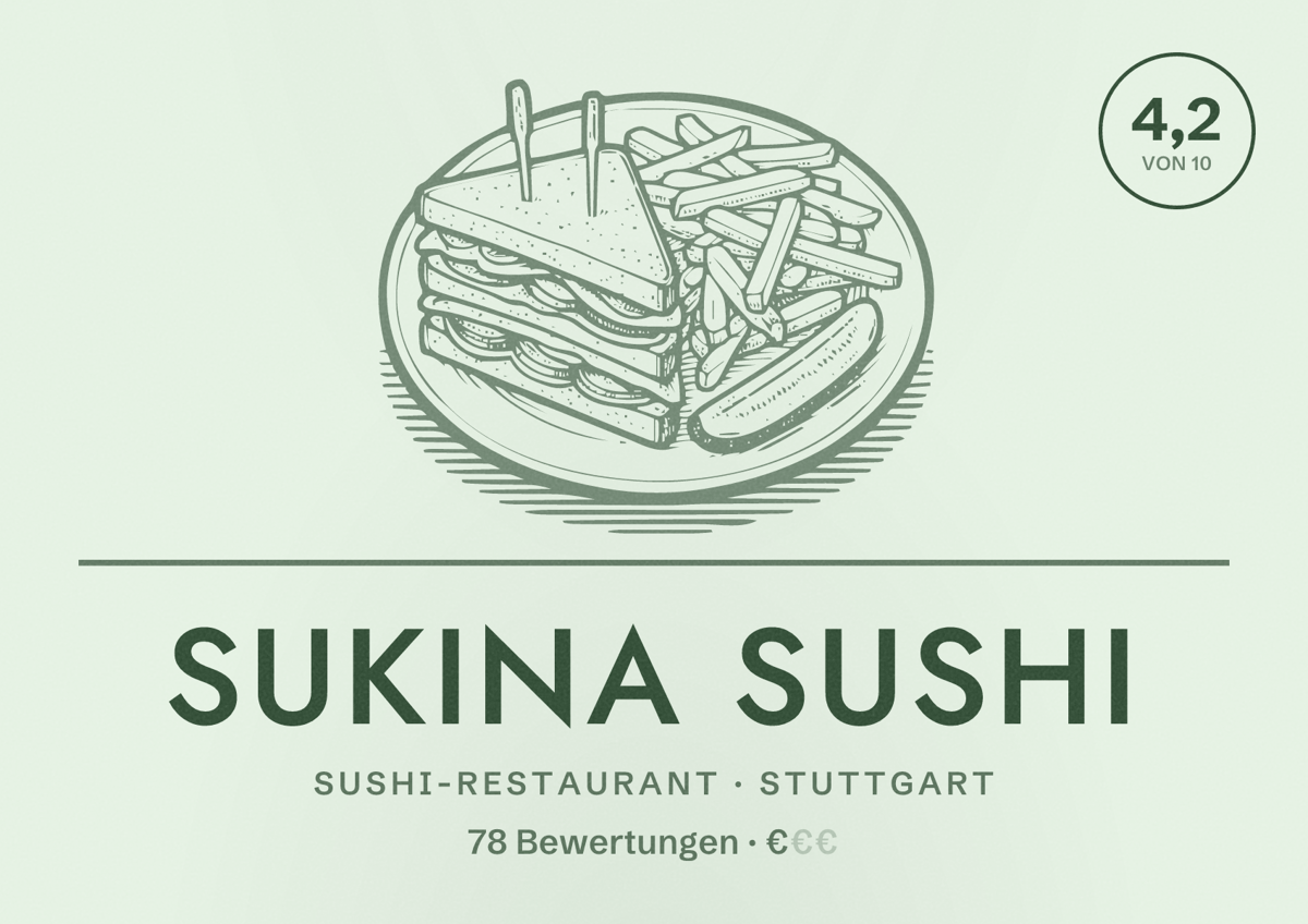Illustriertes Poster von Sukina Sushi, Sushi-Restaurant in Stuttgart: Bewertung 4,2 von 10 aus 78 Bewertungen, Preisniveau €