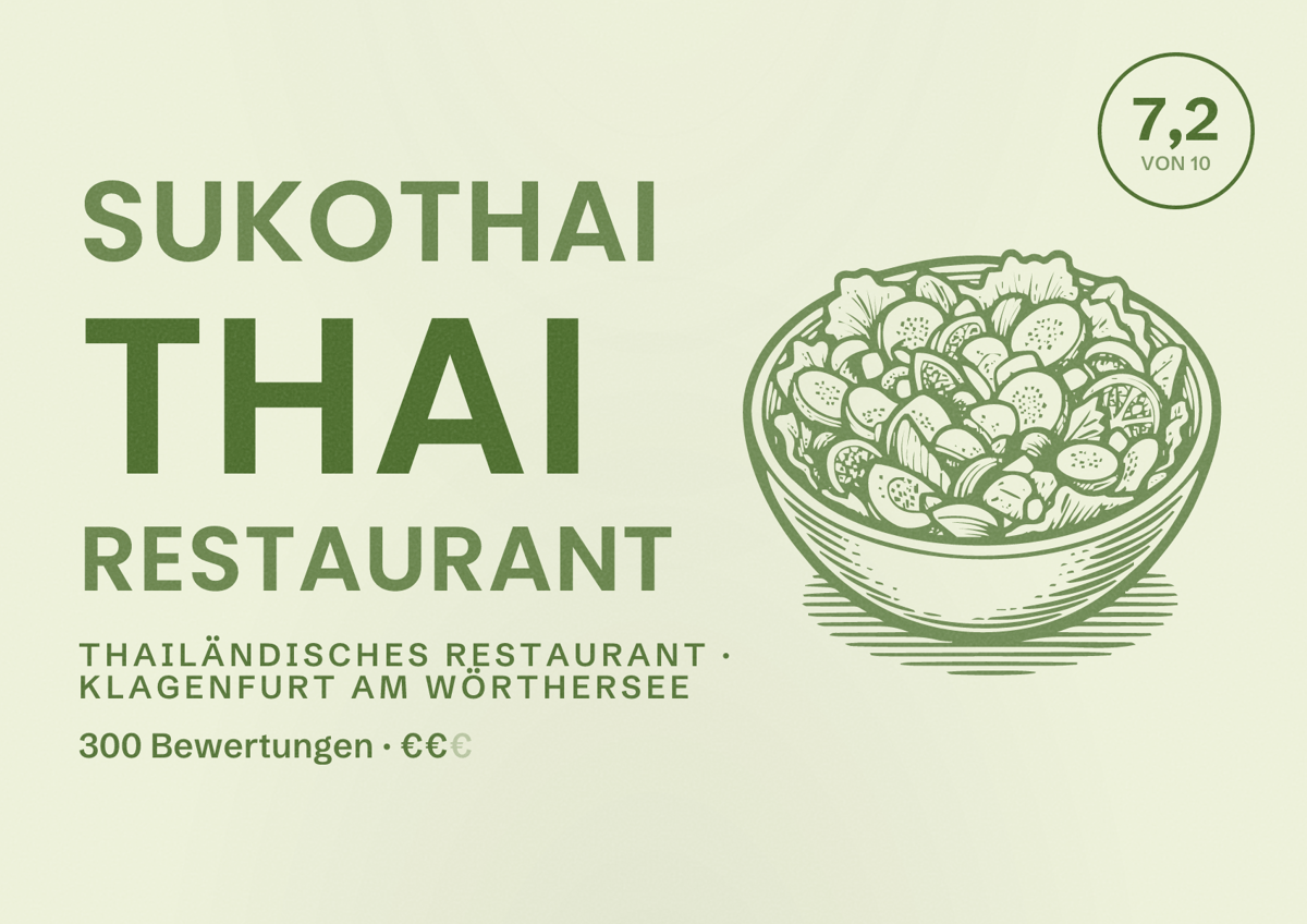 Illustriertes Poster von Sukothai Thai Restaurant, Thailändisches Restaurant in Klagenfurt am Wörthersee: Bewertung 7,2 von 10 aus 300 Bewertungen, Preisniveau €€