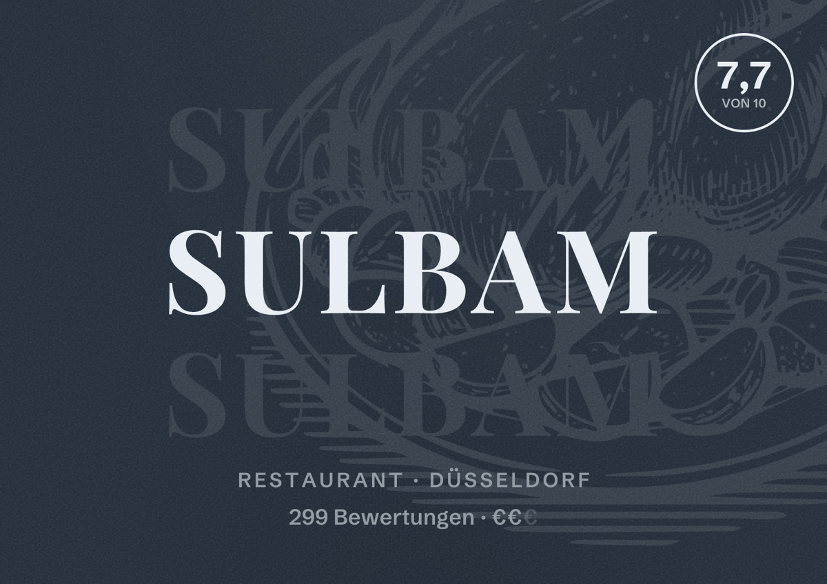 Illustriertes Poster von Sulbam, Restaurant in Düsseldorf: Bewertung 7,7 von 10 aus 299 Bewertungen, Preisniveau €€