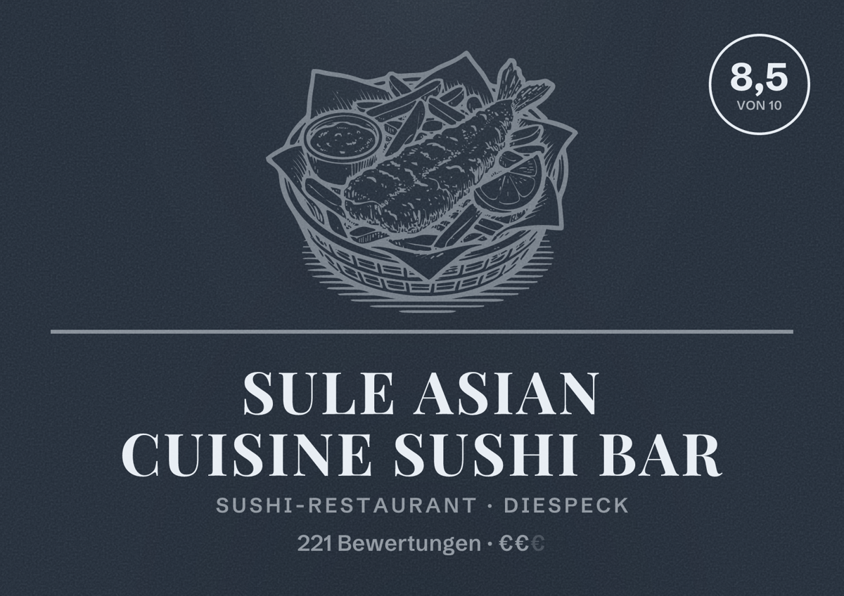 Illustriertes Poster von Sule Asian Cuisine Sushi Bar, Sushi-Restaurant in Diespeck: Bewertung 8,5 von 10 aus 221 Bewertungen, Preisniveau €€