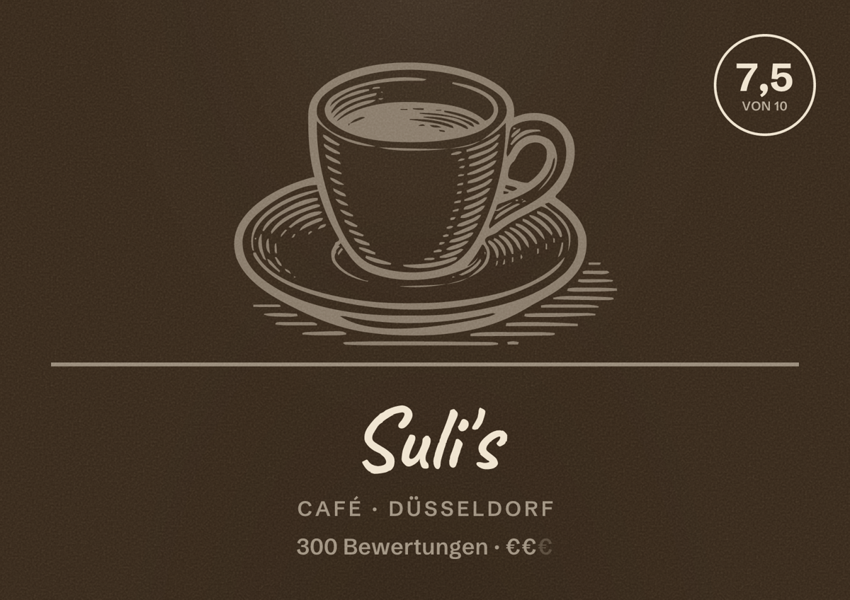 Illustriertes Poster von Suli's, Café in Düsseldorf: Bewertung 7,5 von 10 aus 300 Bewertungen, Preisniveau €€