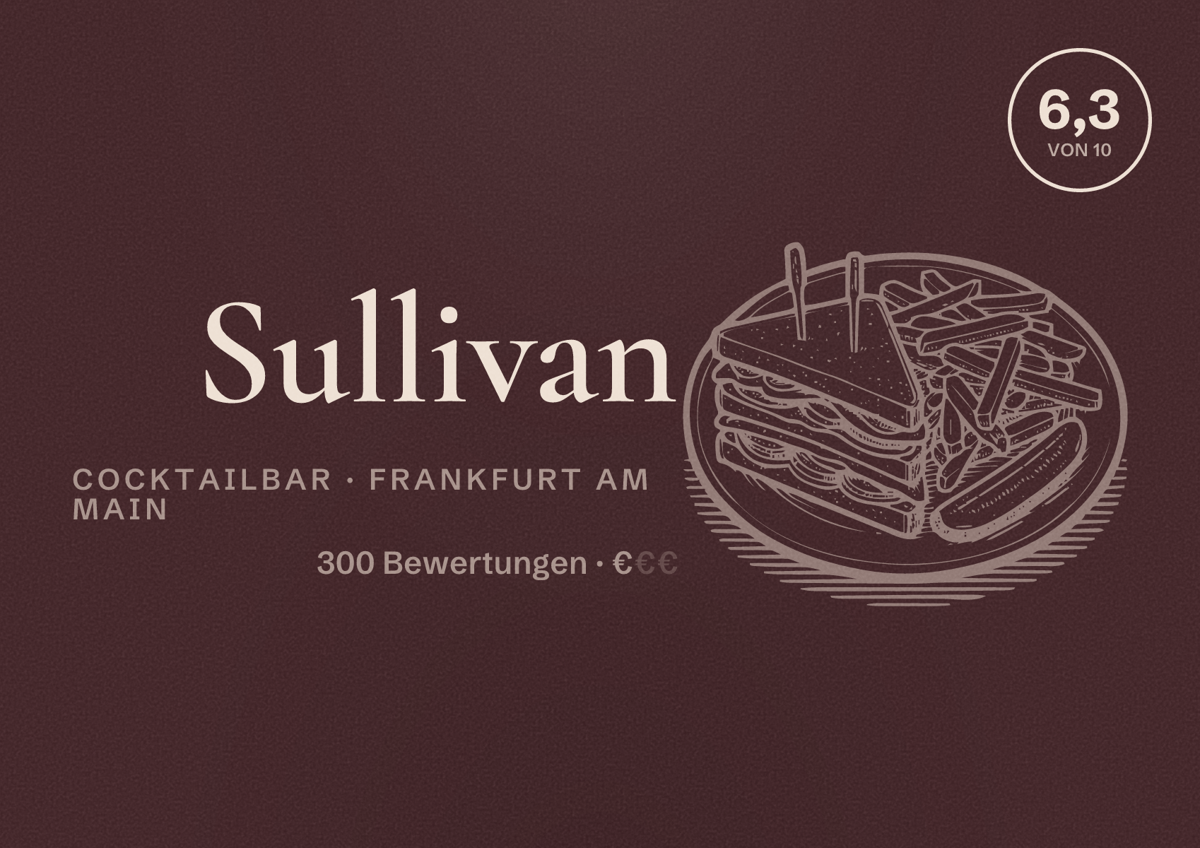 Illustriertes Poster von Sullivan, Cocktailbar in Frankfurt am Main: Bewertung 6,3 von 10 aus 300 Bewertungen, Preisniveau €
