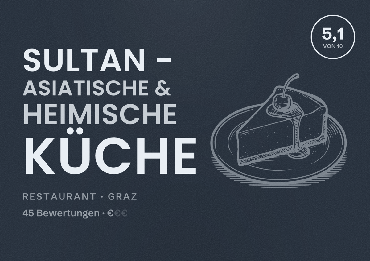 Illustriertes Poster von Sultan - asiatische & heimische Küche, Restaurant in Graz: Bewertung 5,1 von 10 aus 45 Bewertungen, Preisniveau €