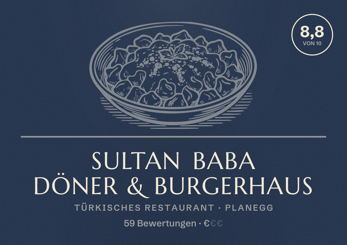 Illustriertes Poster von Sultan Baba Döner & Burgerhaus, Türkisches Restaurant in Planegg: Bewertung 8,8 von 10 aus 59 Bewertungen, Preisniveau €