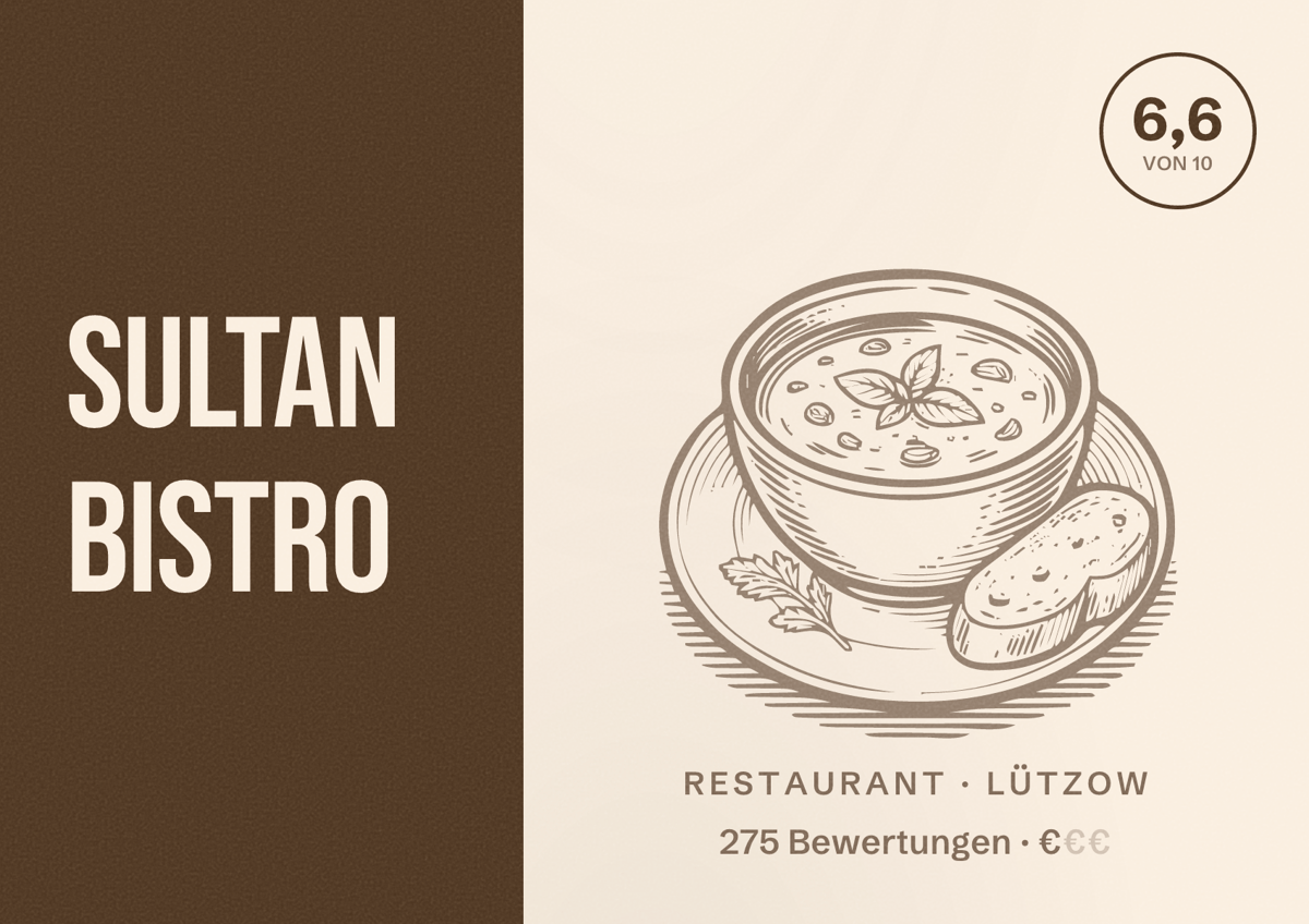 Illustriertes Poster von Sultan Bistro, Restaurant in Lützow: Bewertung 6,6 von 10 aus 275 Bewertungen, Preisniveau €