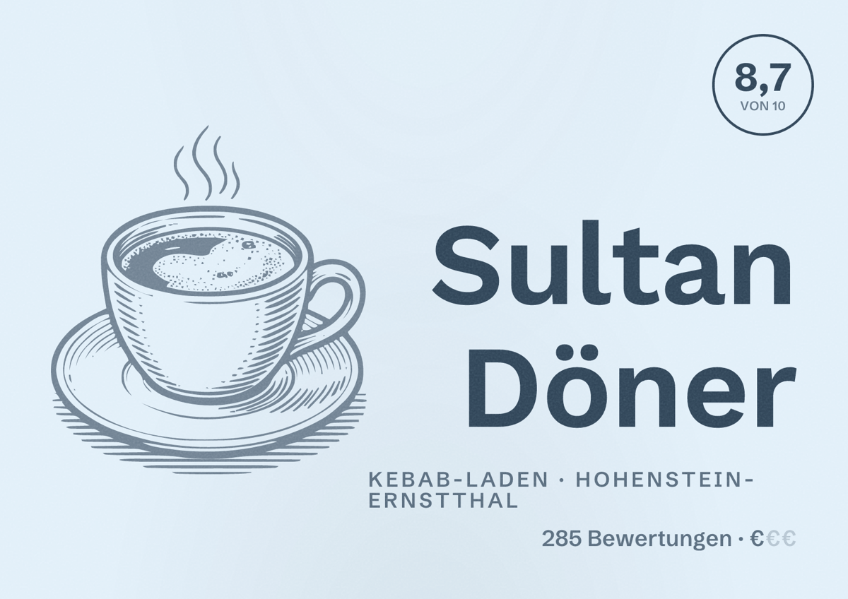 Illustriertes Poster von Sultan Döner, Kebab-Laden in Hohenstein-Ernstthal: Bewertung 8,7 von 10 aus 285 Bewertungen, Preisniveau €