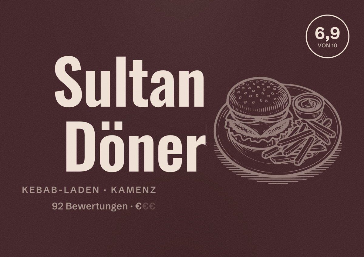 Illustriertes Poster von Sultan Döner, Kebab-Laden in Kamenz: Bewertung 6,9 von 10 aus 92 Bewertungen, Preisniveau €