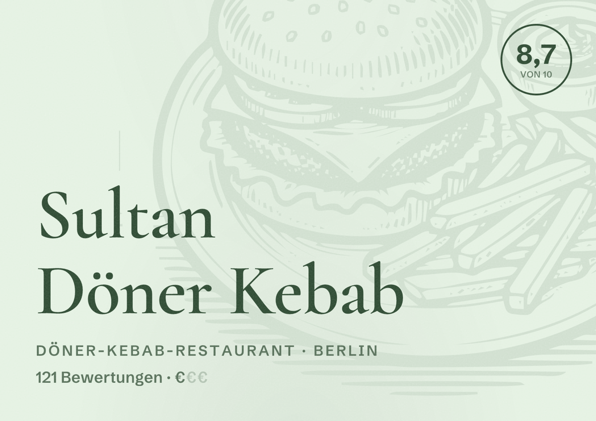 Illustriertes Poster von Sultan Döner Kebab, Döner-Kebab-Restaurant in Berlin: Bewertung 8,7 von 10 aus 121 Bewertungen, Preisniveau €