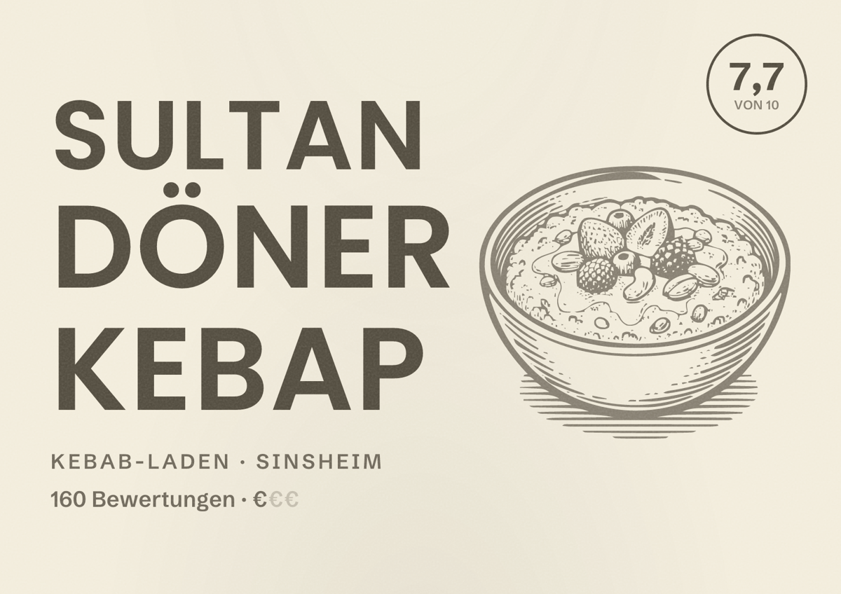 Illustriertes Poster von Sultan Döner Kebap, Kebab-Laden in Sinsheim: Bewertung 7,7 von 10 aus 160 Bewertungen, Preisniveau €