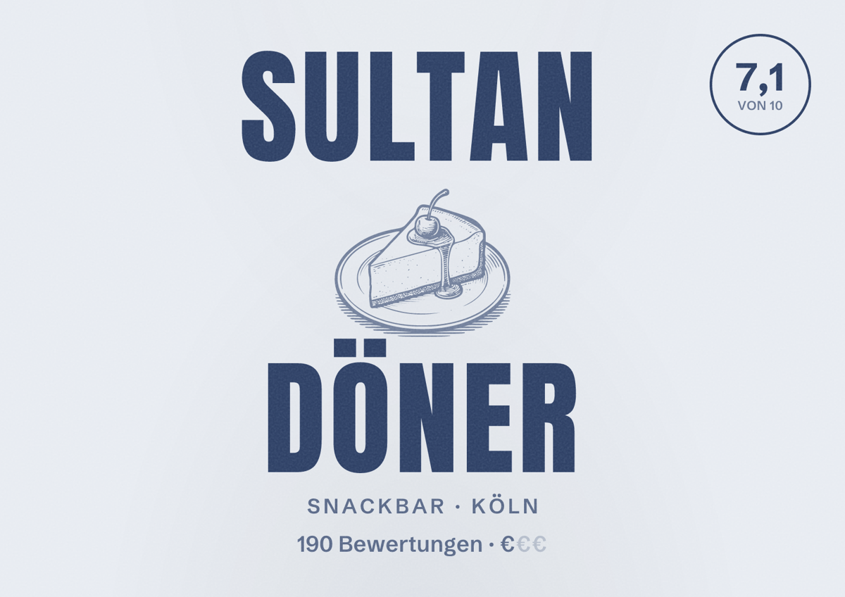 Illustriertes Poster von Sultan Döner, Snackbar in Köln: Bewertung 7,1 von 10 aus 190 Bewertungen, Preisniveau €