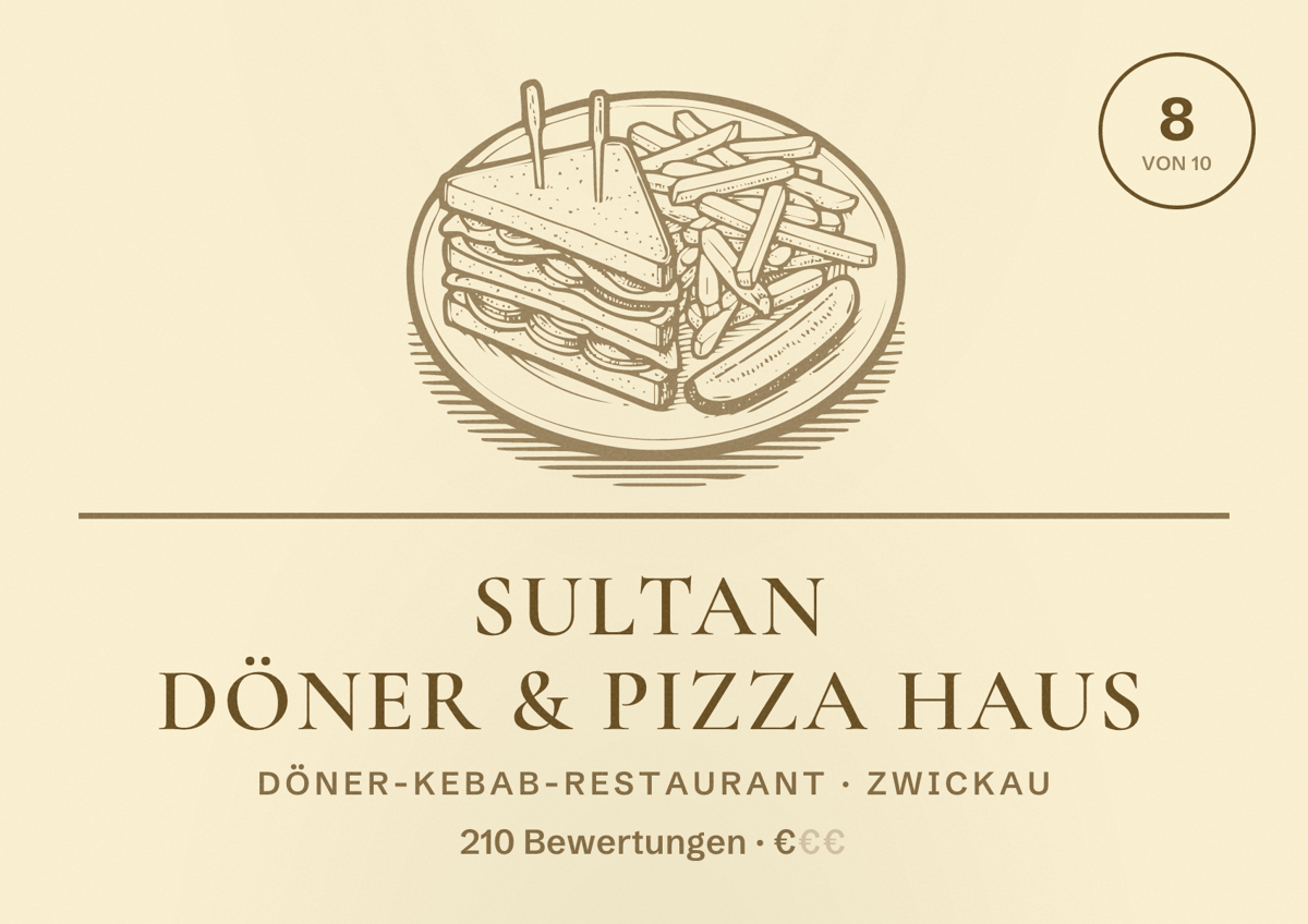 Illustriertes Poster von Sultan Döner & Pizza Haus, Döner-Kebab-Restaurant in Zwickau: Bewertung 8 von 10 aus 210 Bewertungen, Preisniveau €