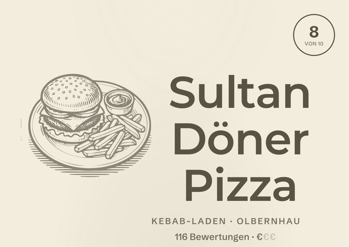 Illustriertes Poster von Sultan Döner Pizza, Kebab-Laden in Olbernhau: Bewertung 8 von 10 aus 116 Bewertungen, Preisniveau €