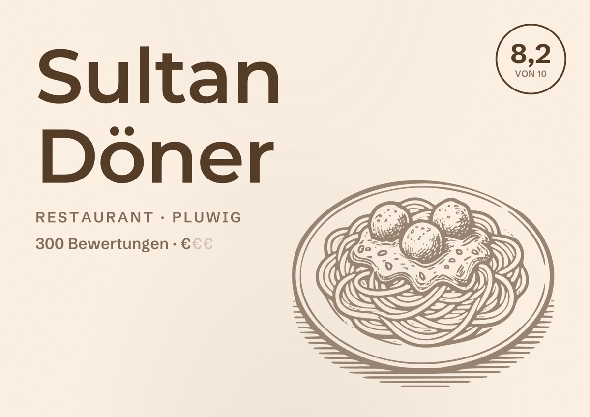 Illustriertes Poster von Sultan Döner, Restaurant in Pluwig: Bewertung 8,2 von 10 aus 300 Bewertungen, Preisniveau €