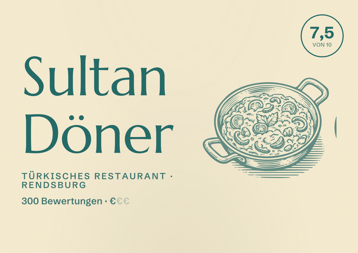 Illustriertes Poster von Sultan Döner, Türkisches Restaurant in Rendsburg: Bewertung 7,5 von 10 aus 300 Bewertungen, Preisniveau €