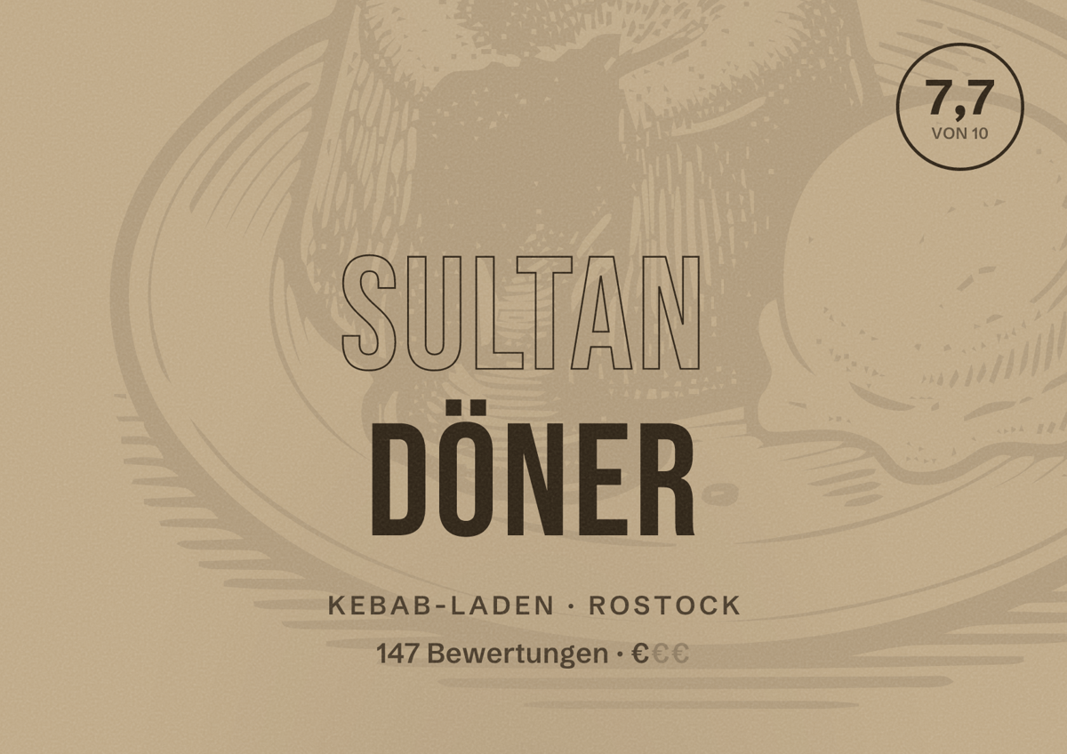 Illustriertes Poster von Sultan Döner, Kebab-Laden in Rostock: Bewertung 7,7 von 10 aus 147 Bewertungen, Preisniveau €