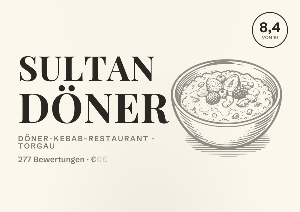 Illustriertes Poster von Sultan Döner, Döner-Kebab-Restaurant in Torgau: Bewertung 8,4 von 10 aus 277 Bewertungen, Preisniveau €