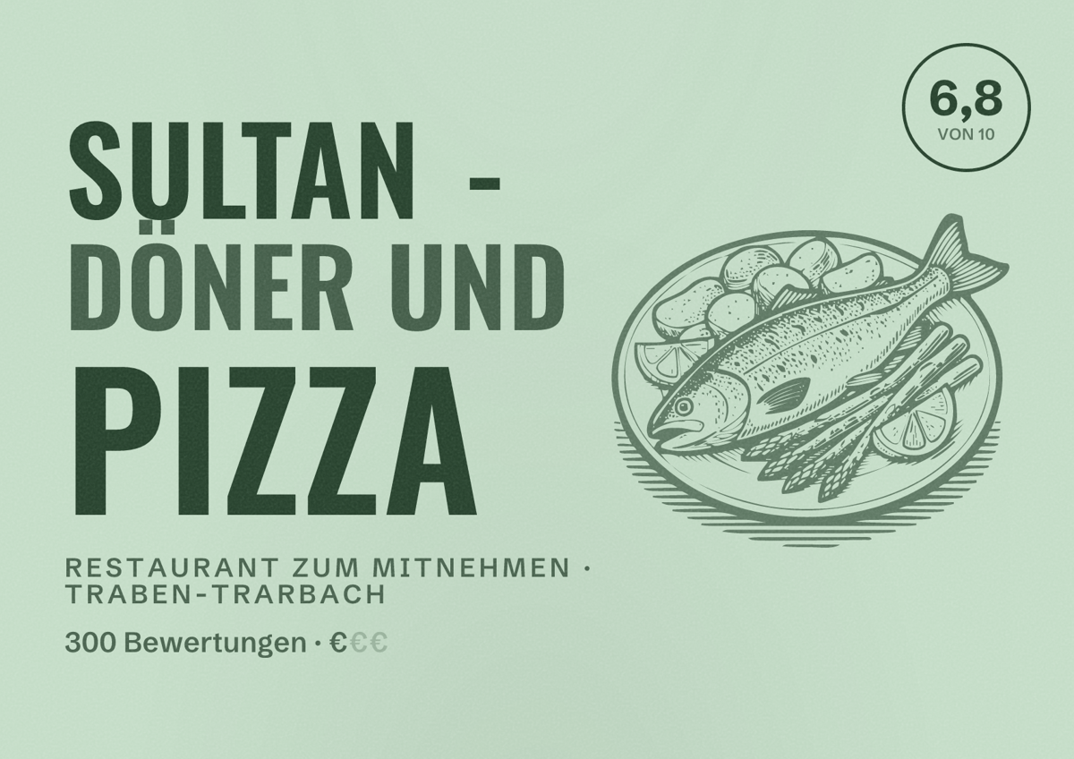 Illustriertes Poster von Sultan - Döner und Pizza, Restaurant zum Mitnehmen in Traben-Trarbach: Bewertung 6,8 von 10 aus 300 Bewertungen, Preisniveau €