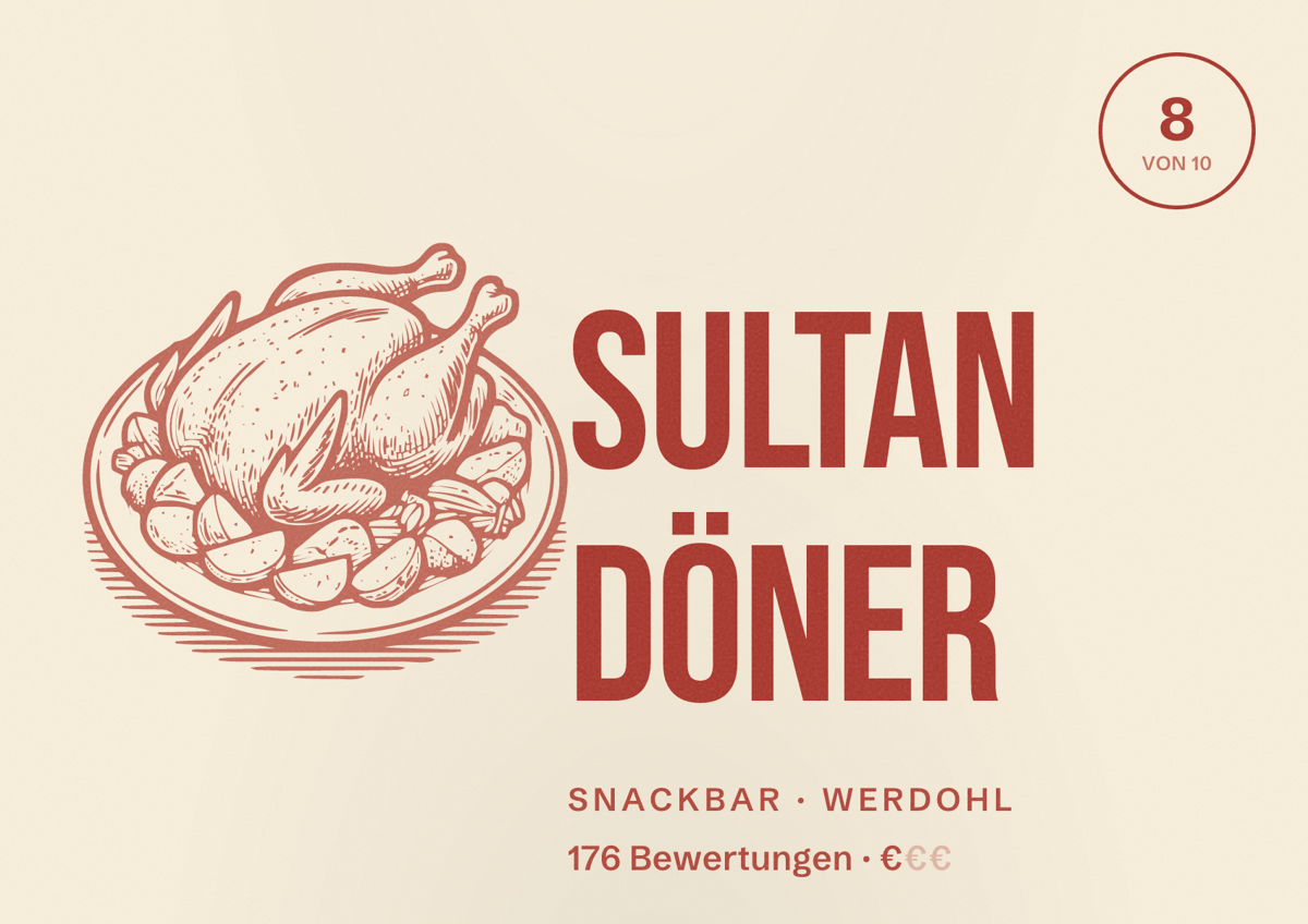 Illustriertes Poster von Sultan Döner, Snackbar in Werdohl: Bewertung 8 von 10 aus 176 Bewertungen, Preisniveau €