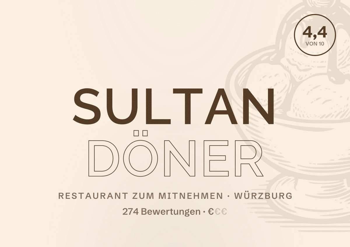 Illustriertes Poster von Sultan Döner, Restaurant zum Mitnehmen in Würzburg: Bewertung 4,4 von 10 aus 274 Bewertungen, Preisniveau €