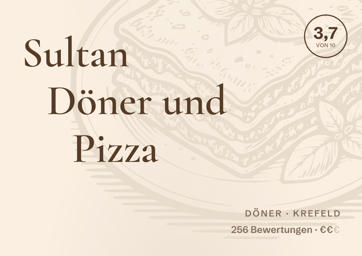 Illustriertes Poster von Sultan Döner und Pizza, Döner in Krefeld: Bewertung 3,7 von 10 aus 256 Bewertungen, Preisniveau €€